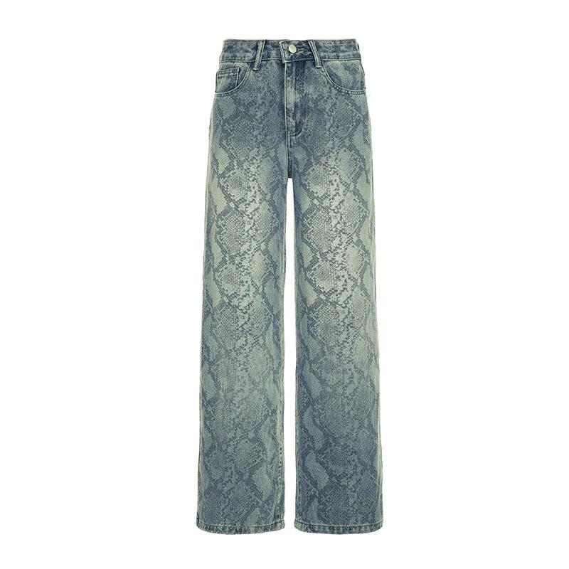 Women's American Style Spliced Snake Pattern Straight Leg Jeans by GJG Denim