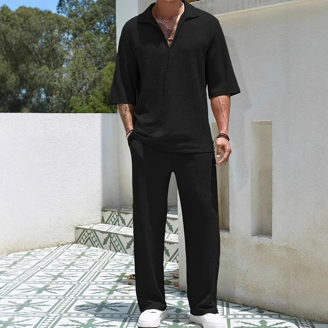 Commuter Men's Casual Shirt Solid Color Half Sleeve Trousers Two-piece Suit by GJG Denim