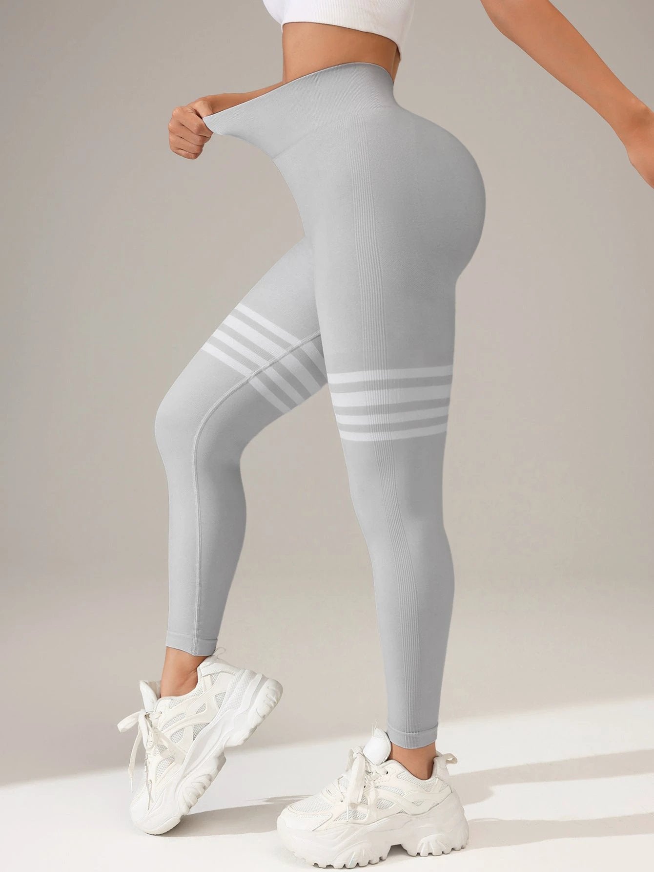Striped Outdoor Sports Tights High Waist Hip Lift Running Exercise Workout Pants by GJG Denim
