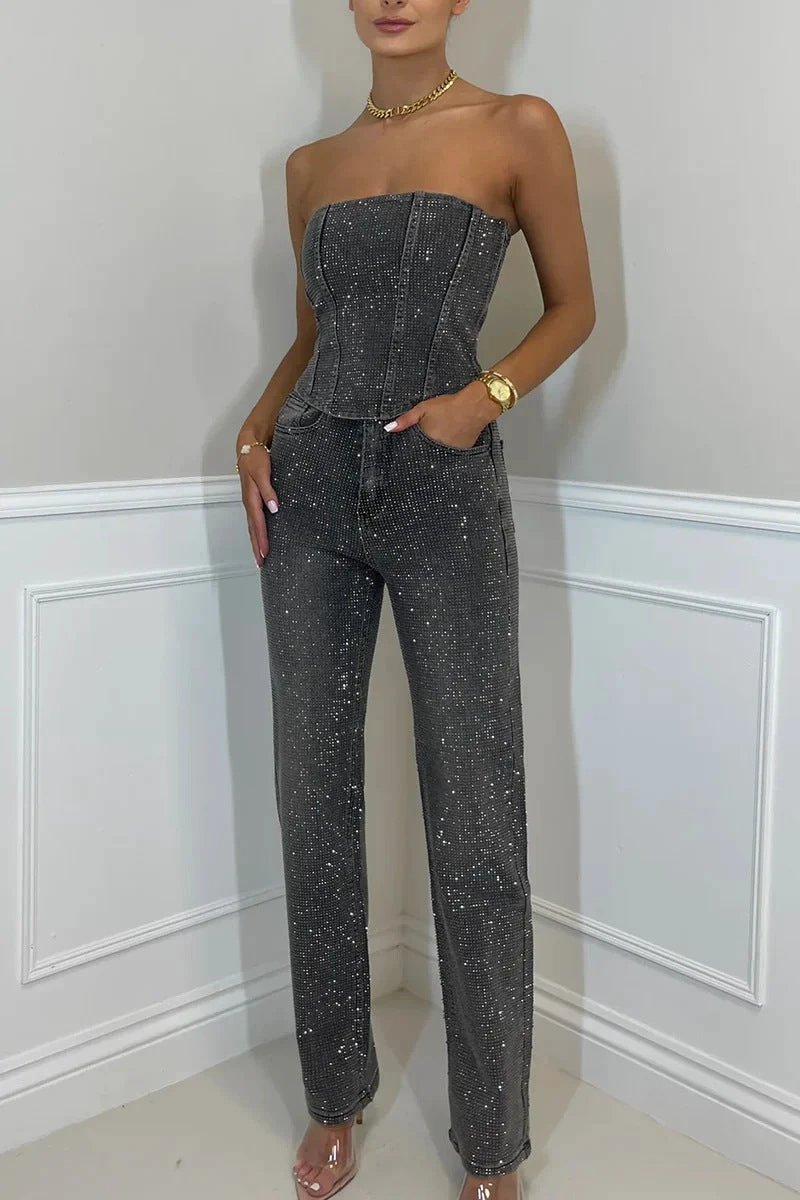 Sexy Off-the-shoulder Shiny Vest Diamond Trousers Suit by Vain