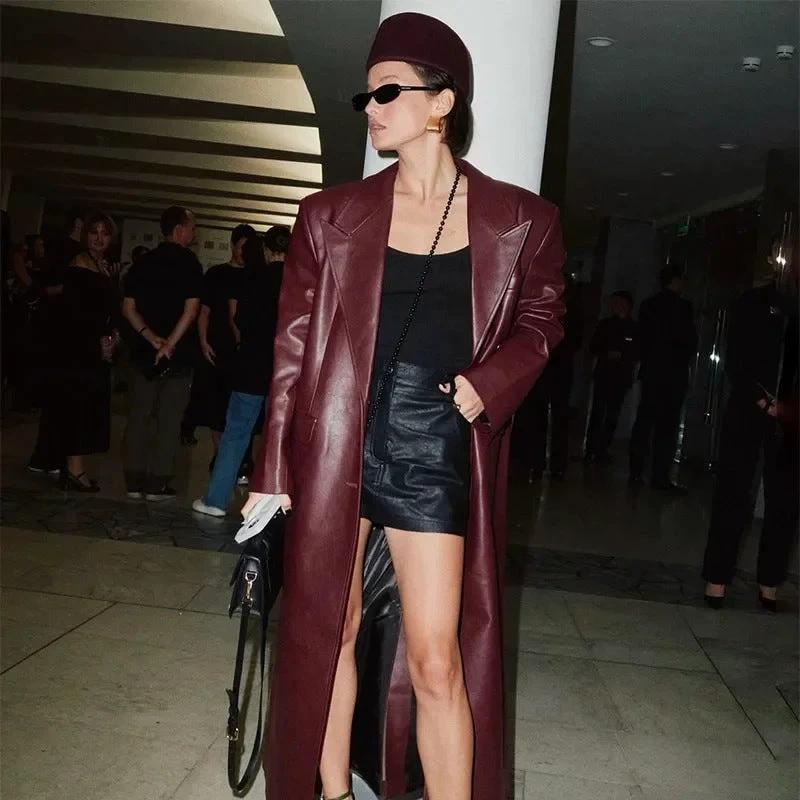 Elegant Retro Wine Red Jacket Trench Coat Women by GJG Denim