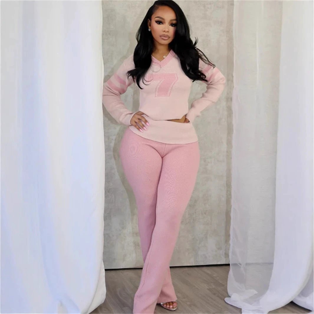 Contrast Color Fashion All-match V-neck Solid Color Knit Casual Long Sleeve Top And Trousers Suit by GJG Denim