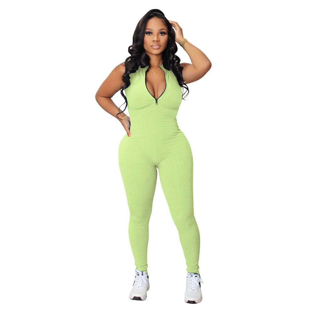 Women's Solid Color Stretch Small Sunken Stripe Zipper Jumpsuit by GJG Denim