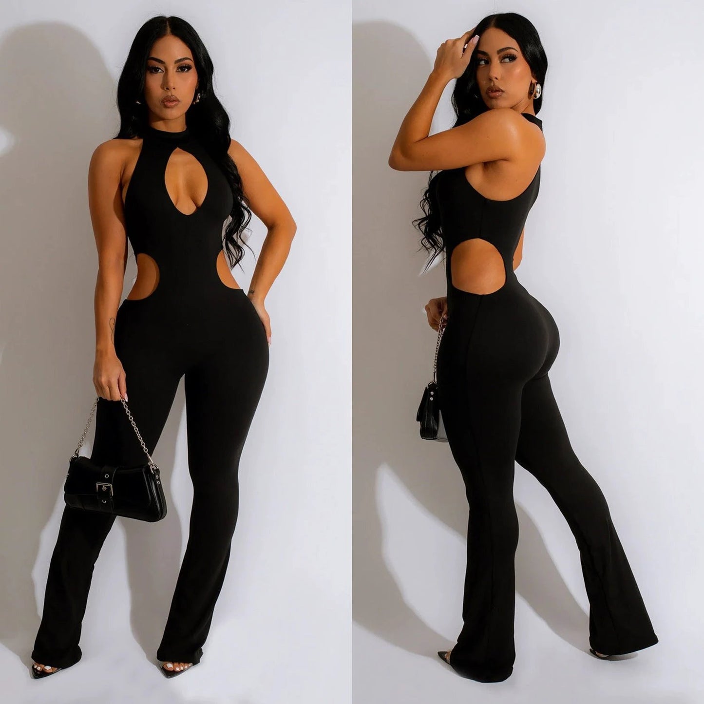 Women's Solid Color Sexy Halter Hollow-out Jumpsuit by GJG Denim
