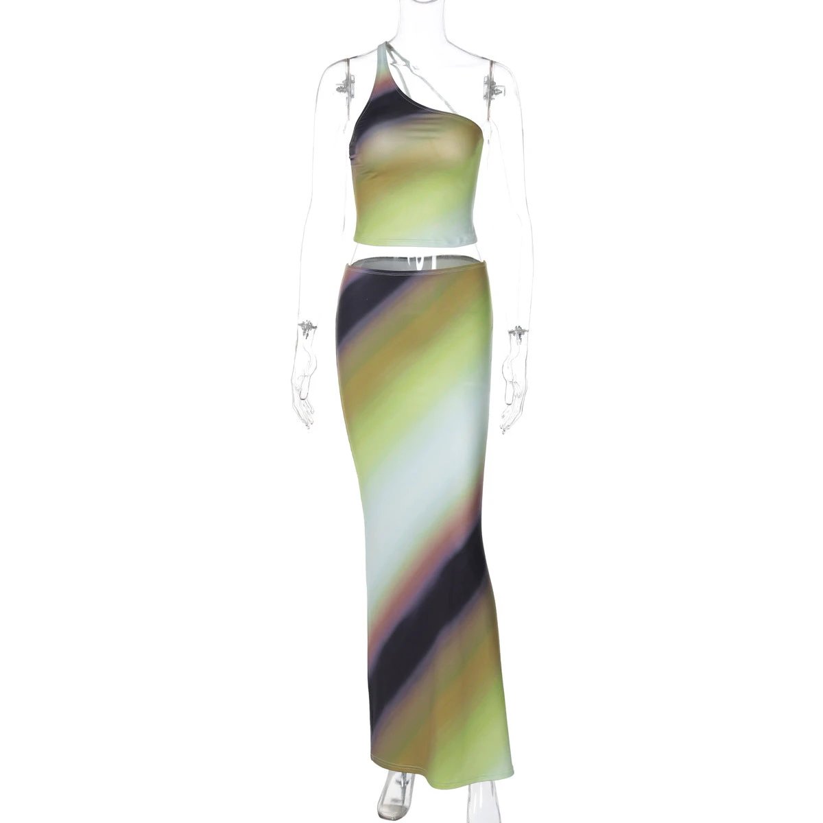 Female Gradient Color One Shoulder Backless Casual Slim Fit Long Dress Suit by GJG Denim