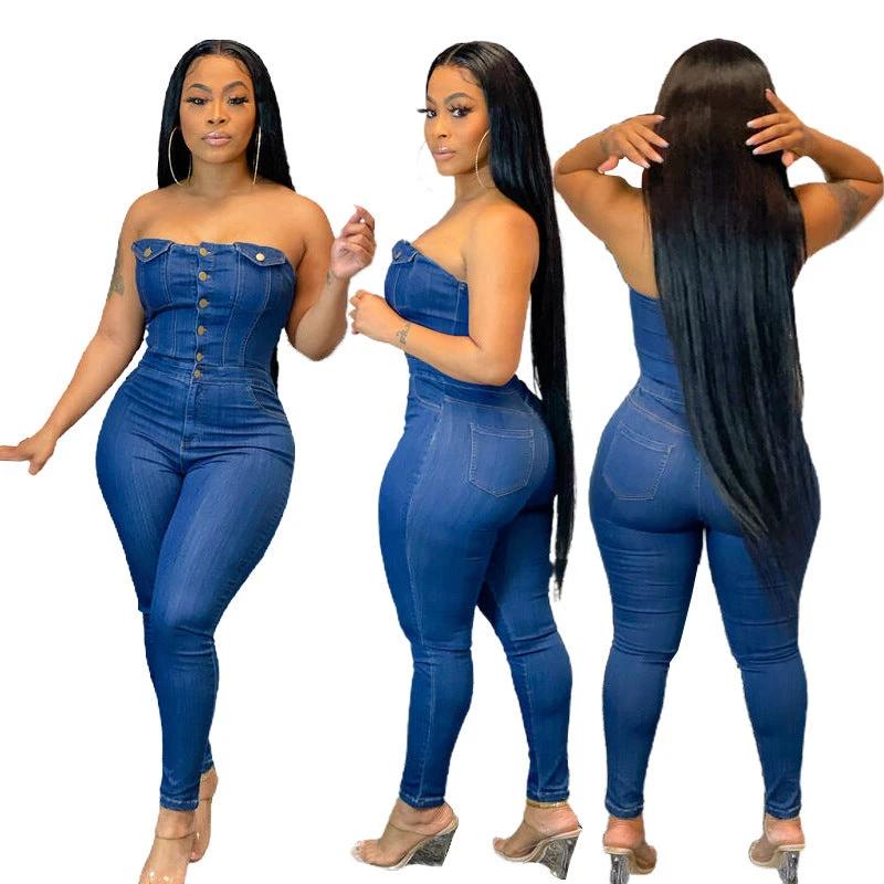Tube Top Off-shoulder Slim Fit Denim Jumpsuit by GJG Denim