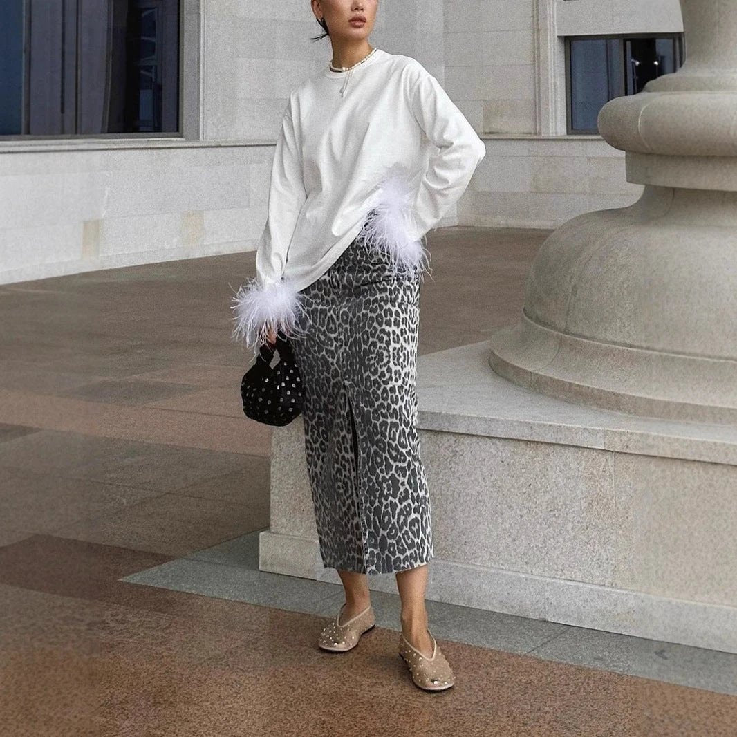 Leopard Print Straight Ankle-length Skirt by GJG Denim