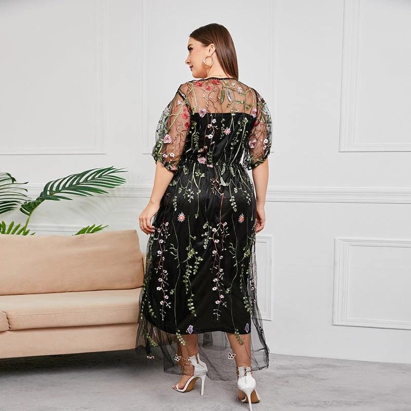 Plus Size French Hepburn Dress Women Mesh Embroidered Banquet Party Maxi Dress by Lady Ros