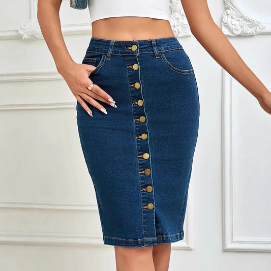 Ladies One Piece Front Row Buttons Multi Buckle Sheath Pencil Skirt Stretch Denim Midi Skirt by Lady Ros