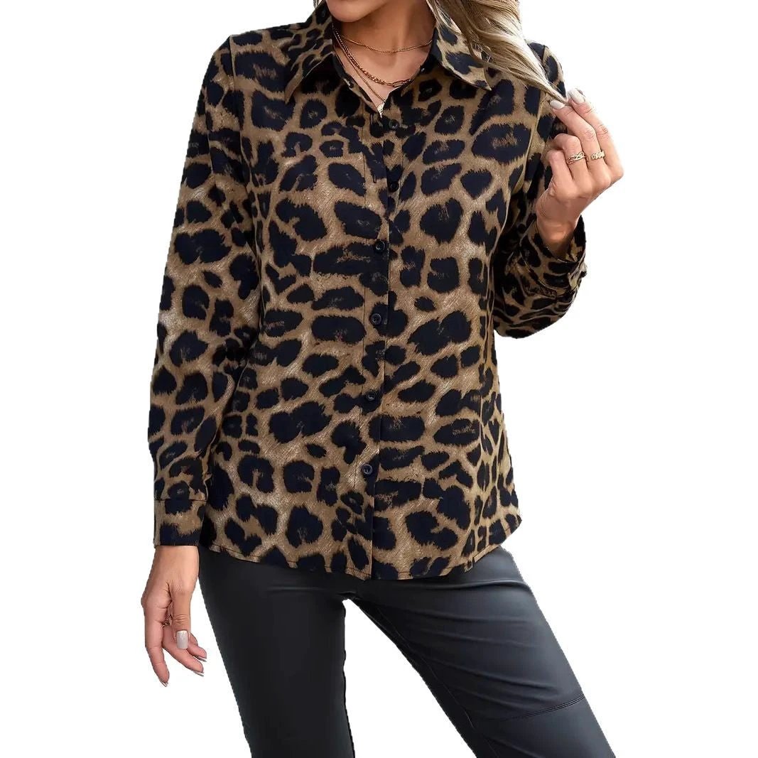 Leopard Print Collar Buckle Women's Casual Long-sleeved Shirt by GJG Denim