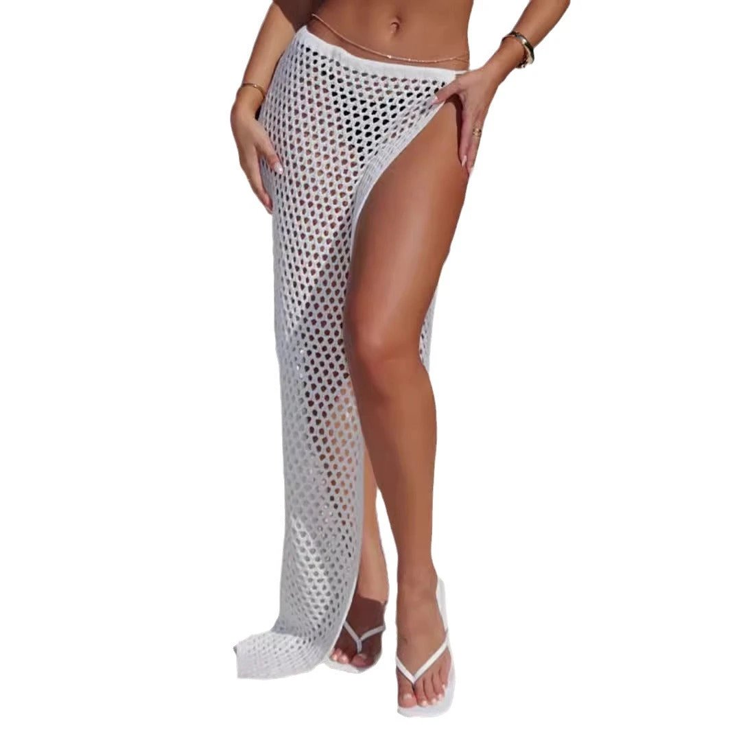 Women's Beach Sun Protection Hollow Out See-through High Slit Skirt by GJG Denim