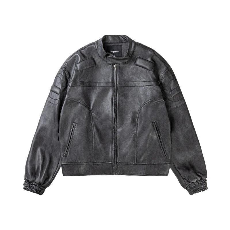 Marbling PU Leather Jacket Stand Collar Motorcycle Jacket by GJG Denim