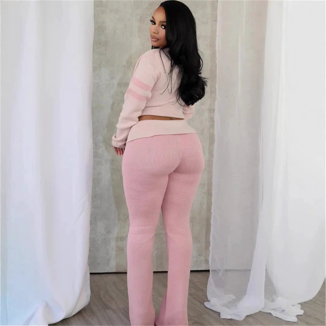Contrast Color Fashion All-match V-neck Solid Color Knit Casual Long Sleeve Top And Trousers Suit by GJG Denim