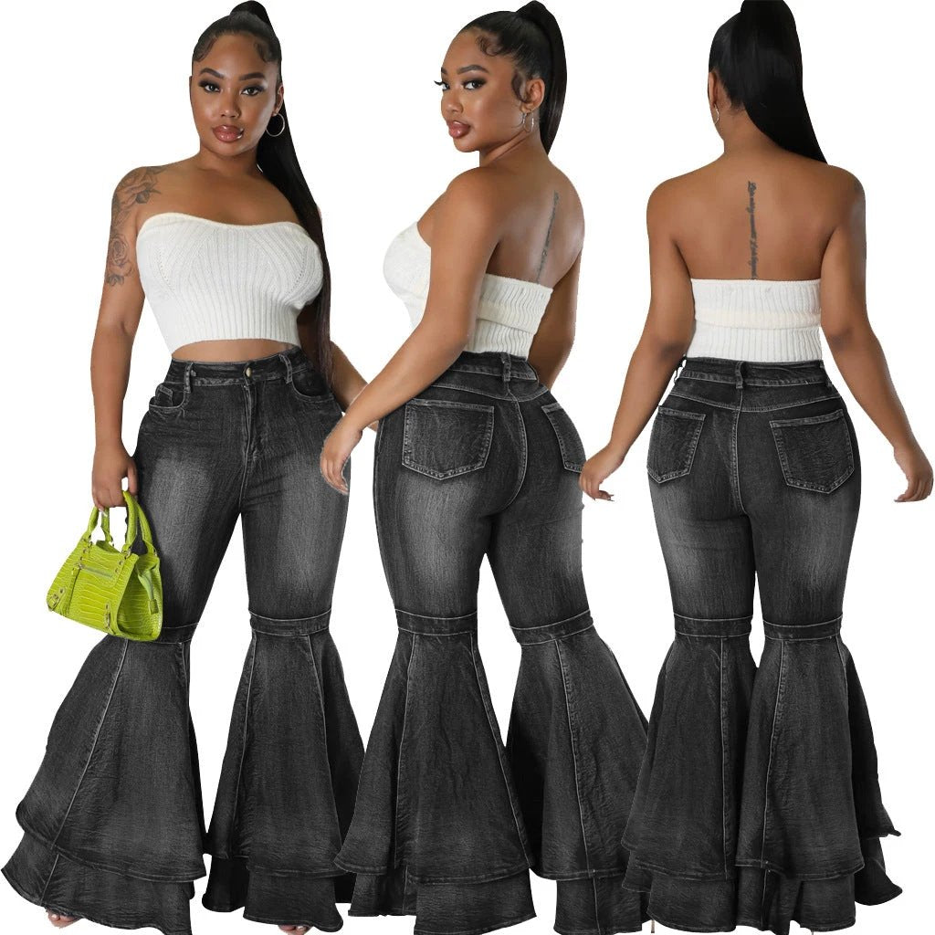 Wide Leg Denim Stretch Flared Pants by GJG Denim