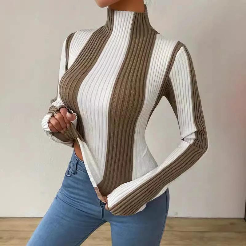 Women's Spring And Autumn Classic Black And White Contrast Color Vertical Pattern Sweater by GJG Denim