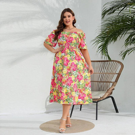 Plus Size Western off Neck Dress Elegant Floral Midi Dress Tight Waist Dress by Lady Ros