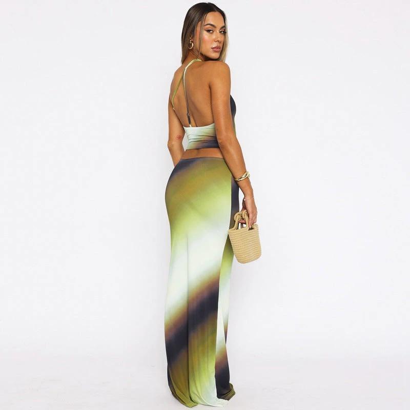 Female Gradient Color One Shoulder Backless Casual Slim Fit Long Dress Suit by GJG Denim