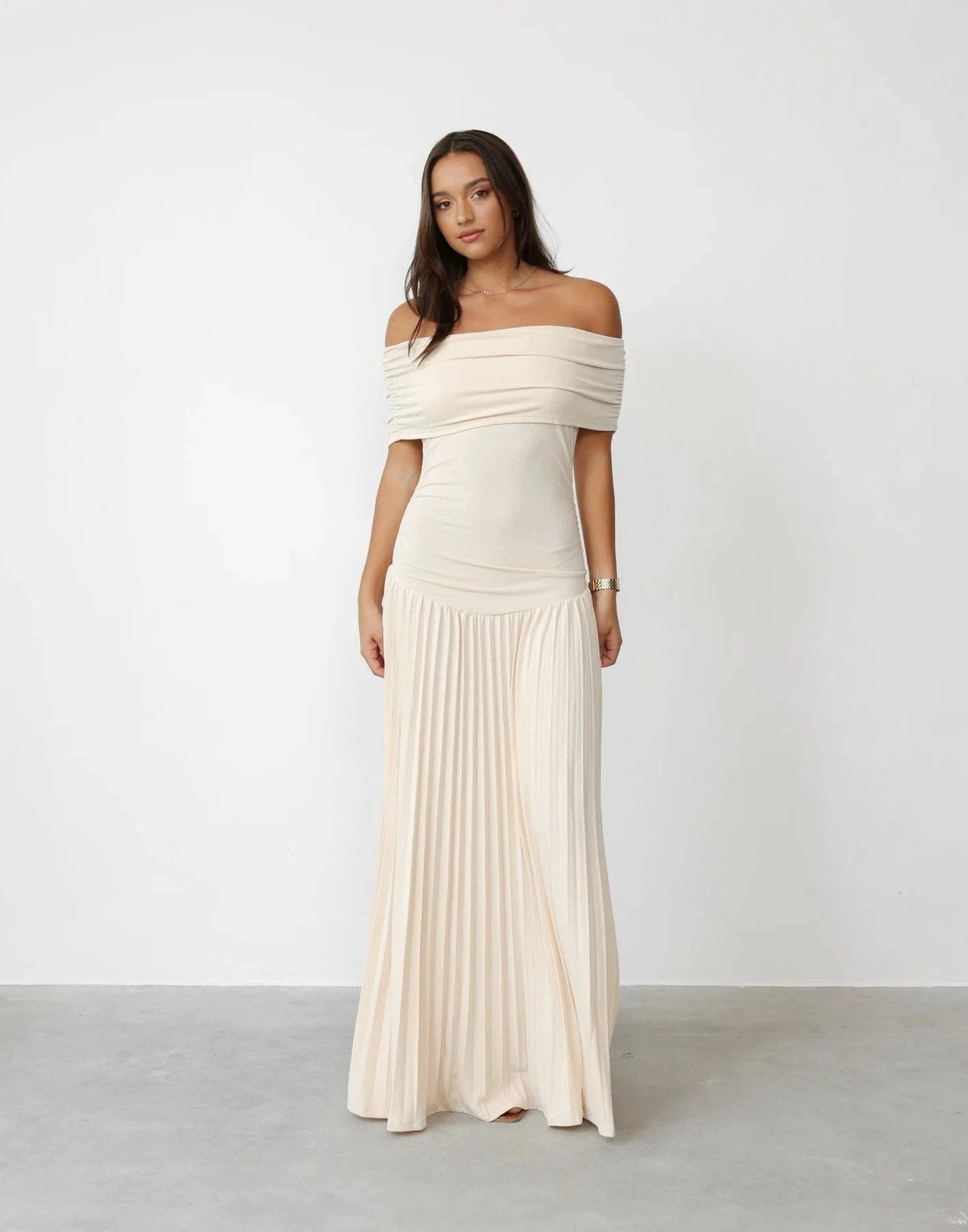 Off-shoulder Pleated New Versatile Dress by GJG Denim