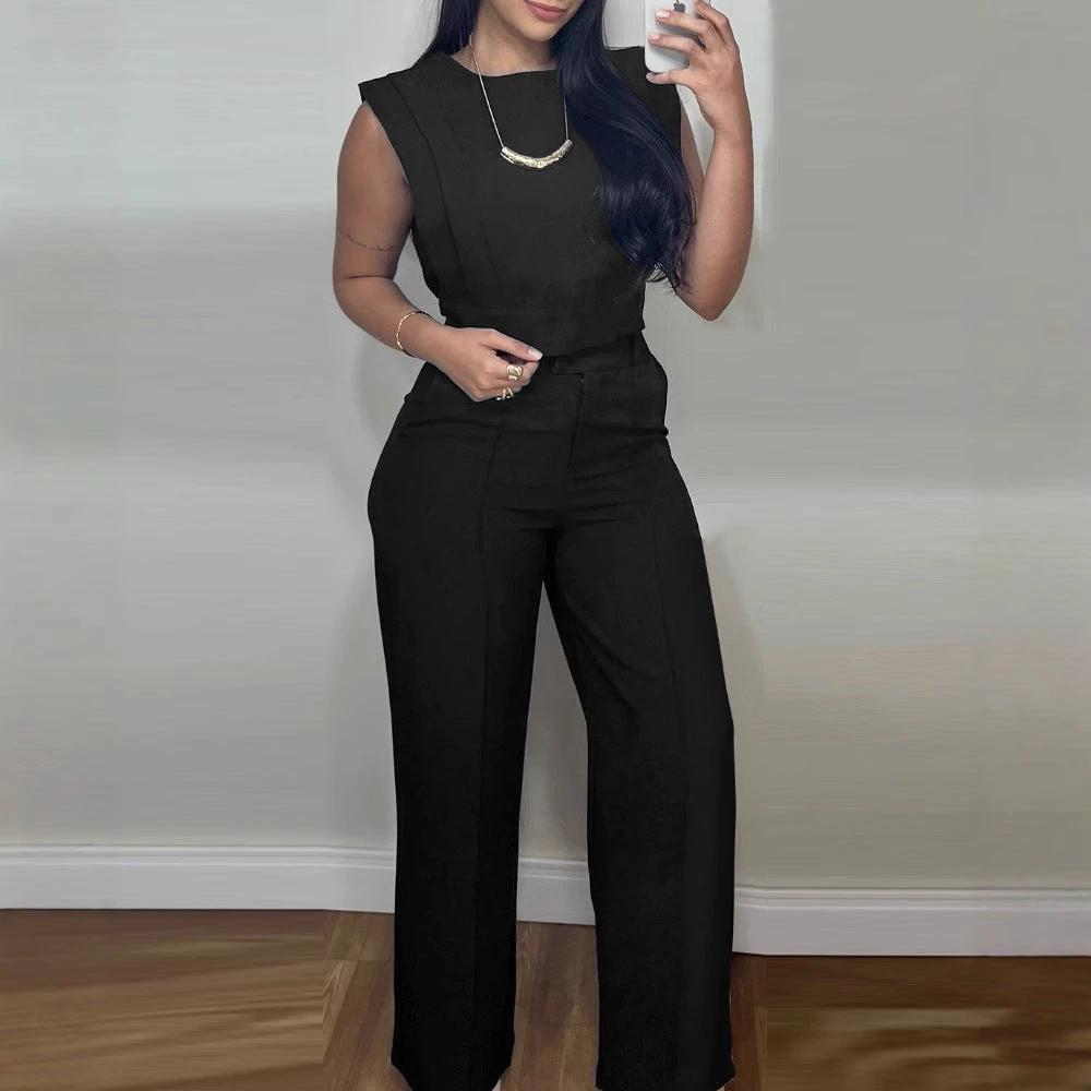 Summer Sleeveless Suit Fashion Round Neck Vest Top And Pocket Straight Pants Casual Trousers Set For Women Clothing by GJG Denim