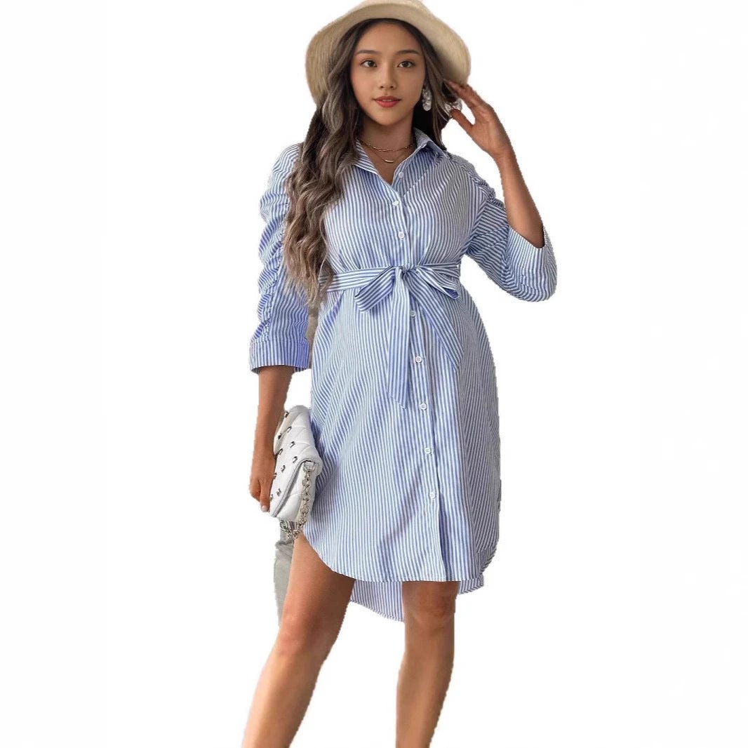 Women's Striped Lapel Button Casual Maternity Wear by GJG Denim