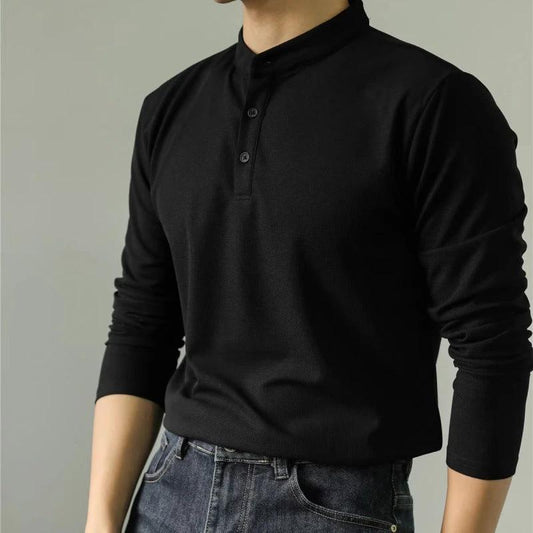 Men's Long Sleeve Polo Simple Solid Color Shirt by GJG Denim