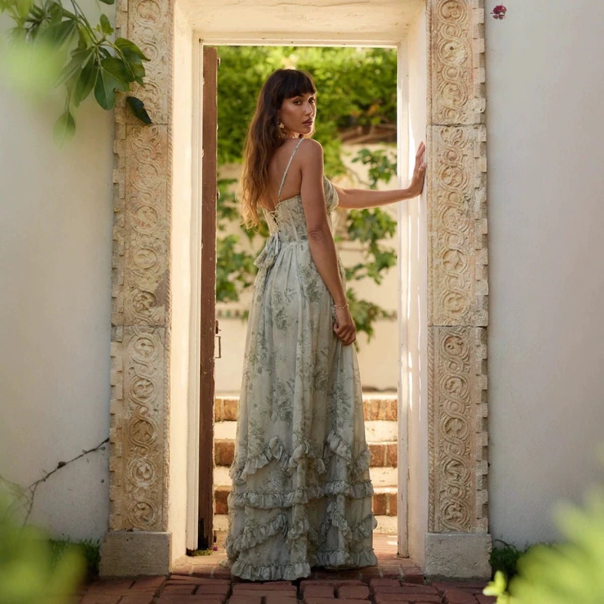 French Halter ruffle Dress Front Split by GJG Denim