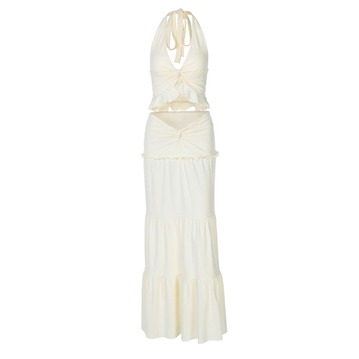 Women's V-neck Ruffled Halter Spaghetti Straps Detail Twisted Dress Suit by GJG Denim