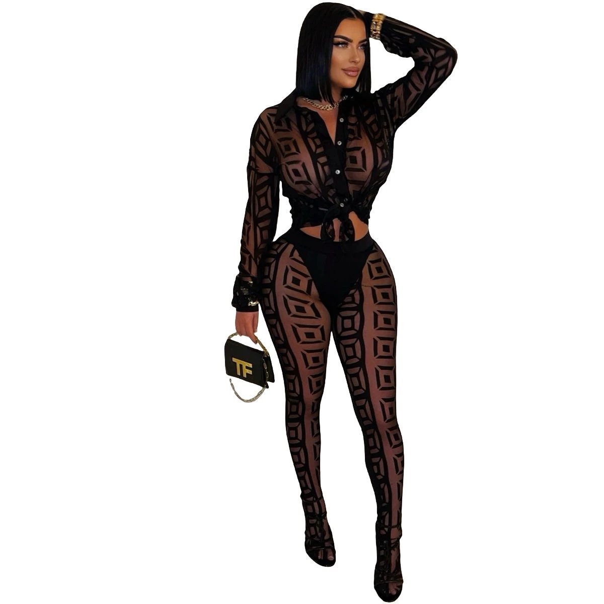 Printed Mesh See-through Shirt Pants Suit by GJG Denim
