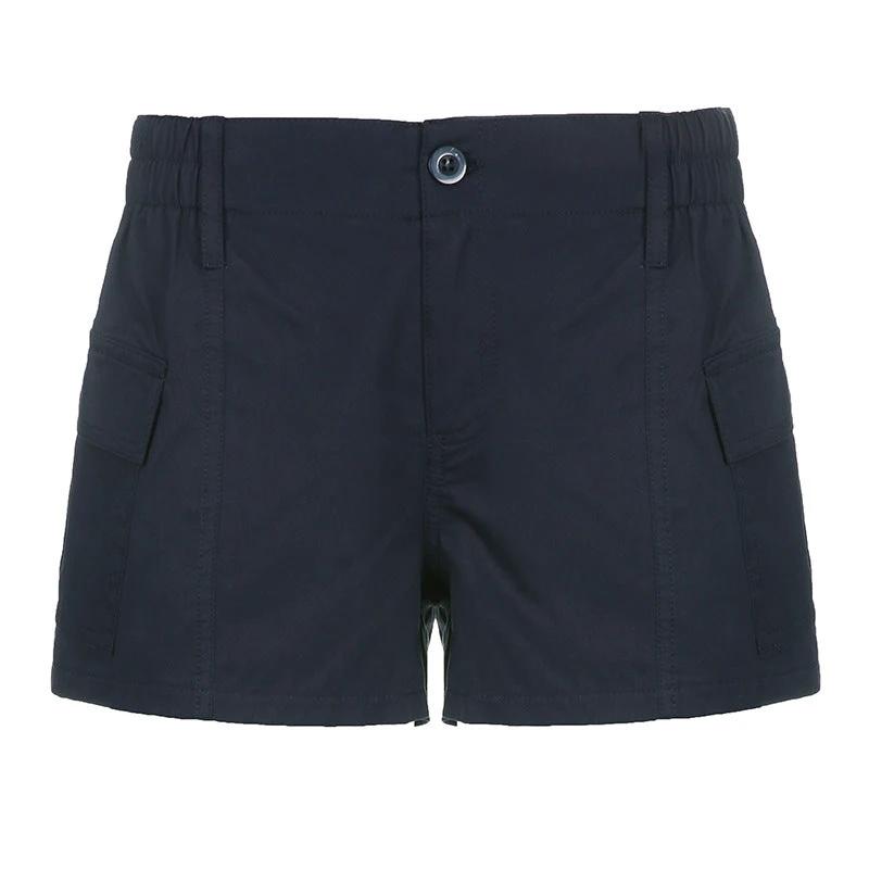 Leisure Cargo Woven Pants Elastic Waist Button Asymmetric Pocket Solid Color Low Waist Shorts by GJG Denim