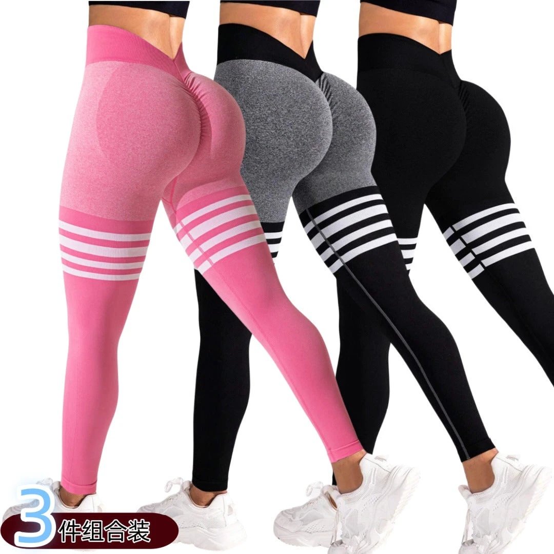 Striped Outdoor Sports Tights High Waist Hip Lift Running Exercise Workout Pants by GJG Denim
