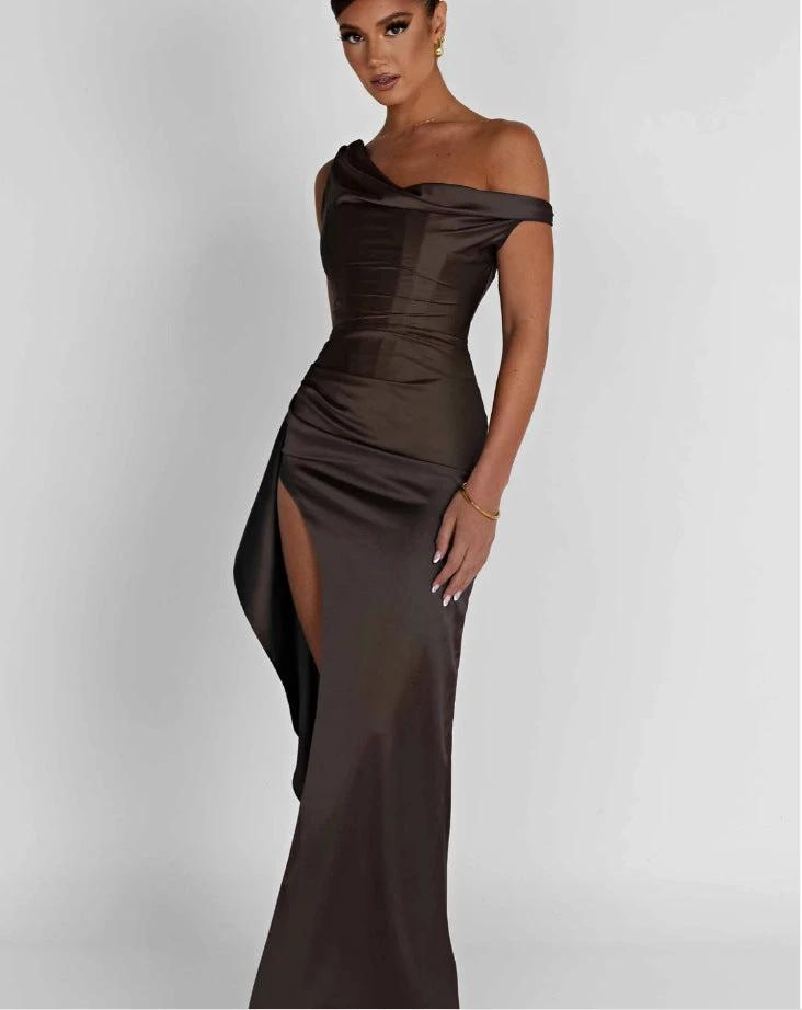 Women's Slant Shoulder Satin Waist sinching Long Dress by GJG Denim