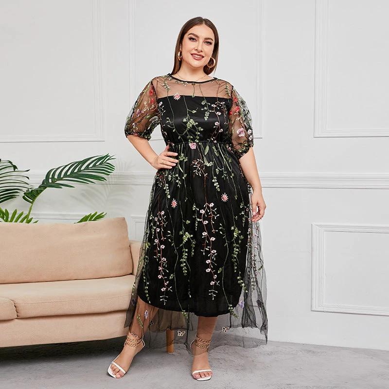 Plus Size French Hepburn Dress Women Mesh Embroidered Banquet Party Maxi Dress by Lady Ros