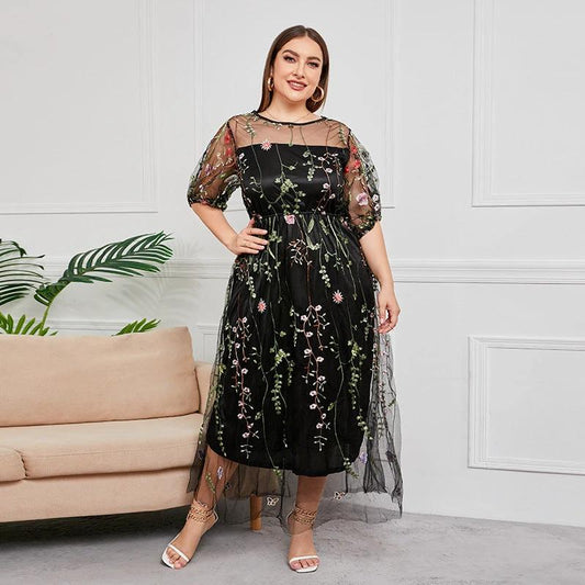 Plus Size French Hepburn Dress Women Mesh Embroidered Banquet Party Maxi Dress by Lady Ros