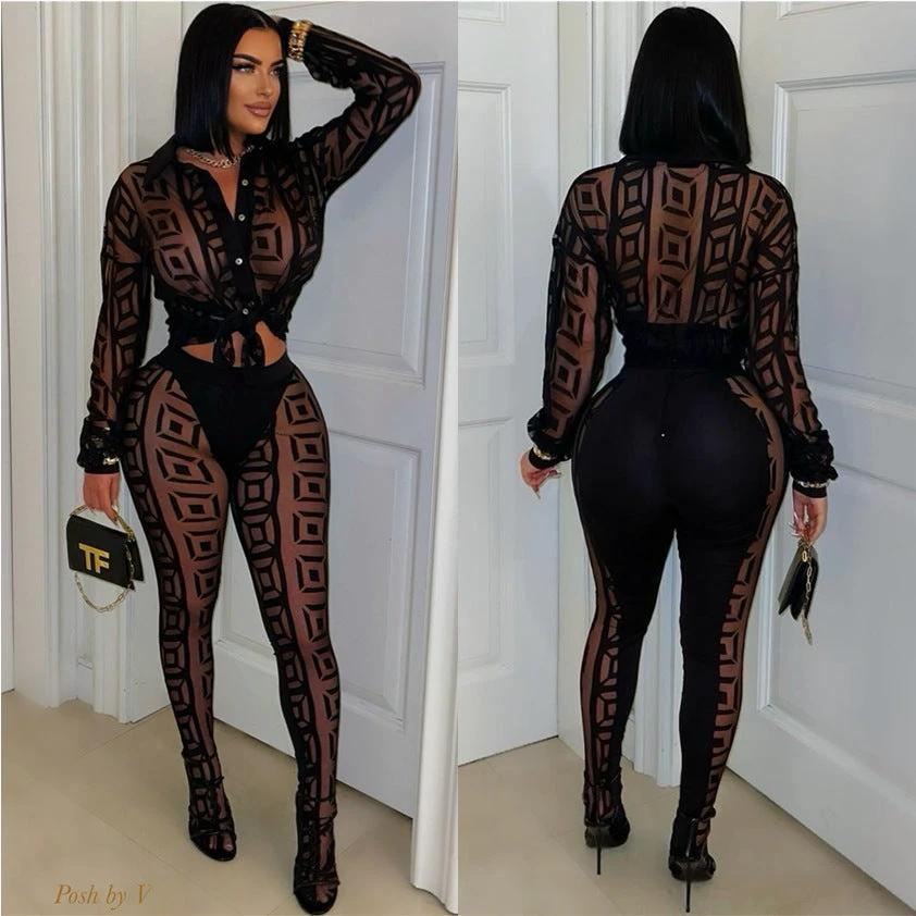 Printed Mesh See-through Shirt Pants Suit by GJG Denim