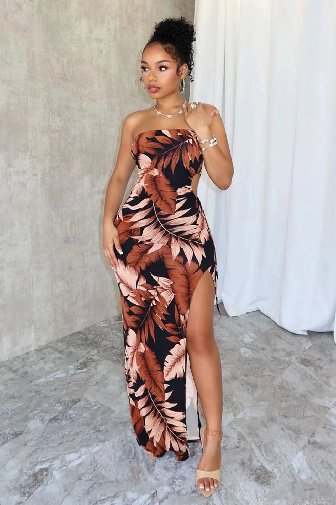 Strapless Flower Print High Slit Long Dress by GJG Denim