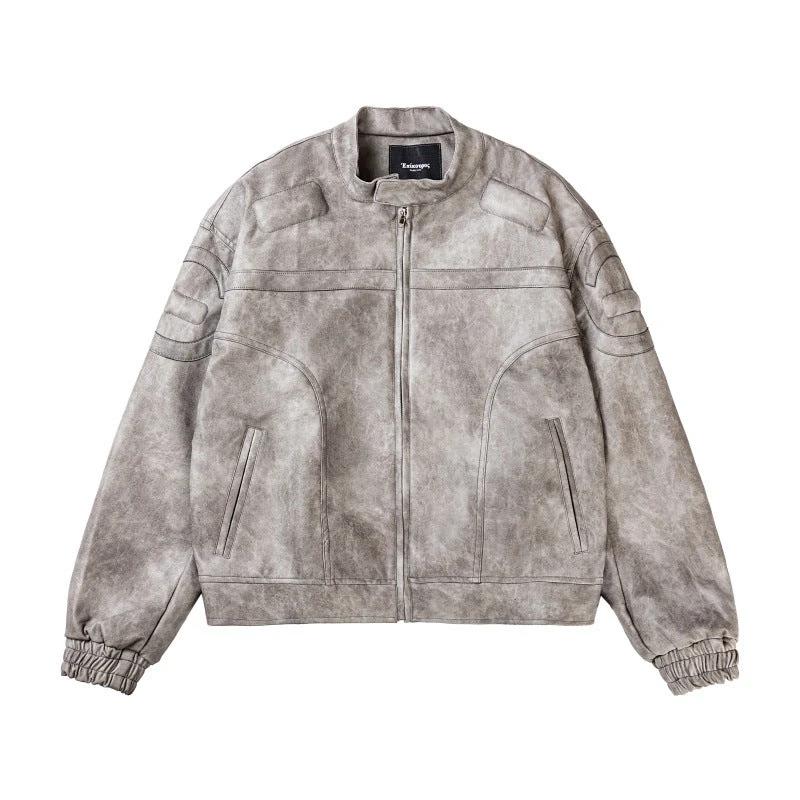 Marbling PU Leather Jacket Stand Collar Motorcycle Jacket by GJG Denim