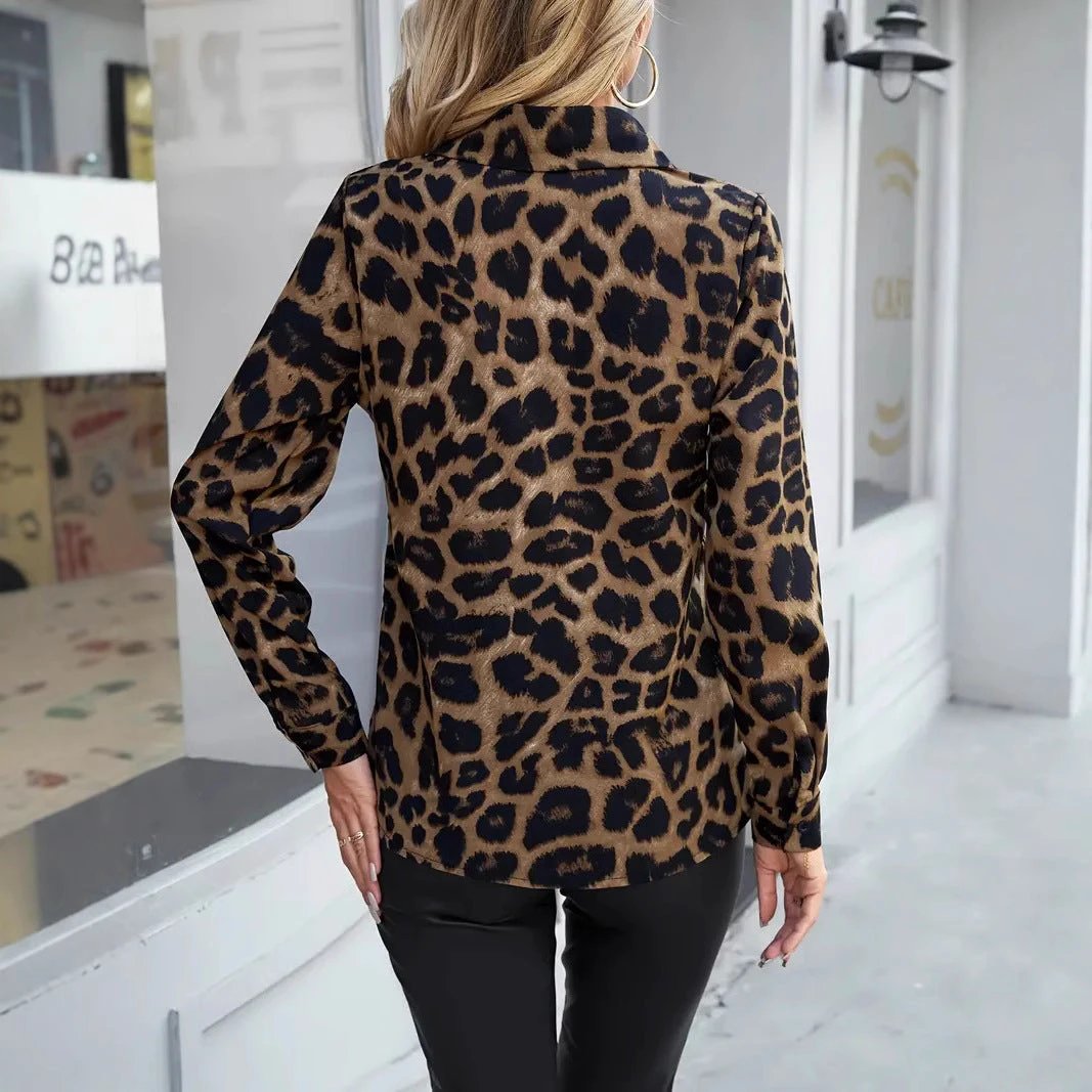 Leopard Print Collar Buckle Women's Casual Long-sleeved Shirt by GJG Denim