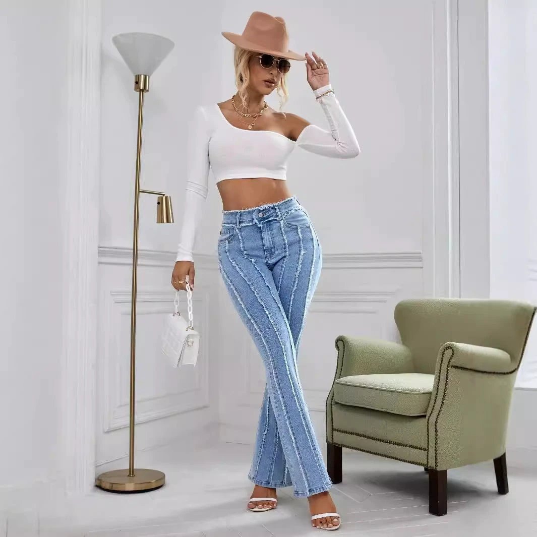 Slightly Flared Wadding Edge Jeans For Women by GJG Denim
