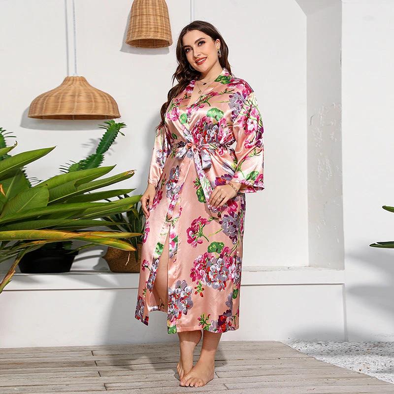 Plus Size Russian American Emulation Silk Nightgown Long-Sleeved Home Wear Women Leopard Print Wearable by Lady Ros