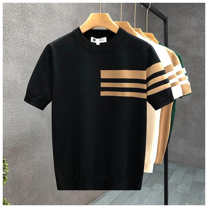 Trendy All-match Round Neck Knitted Short Sleeve Contrast Color Thin T-shirt by GJG Denim