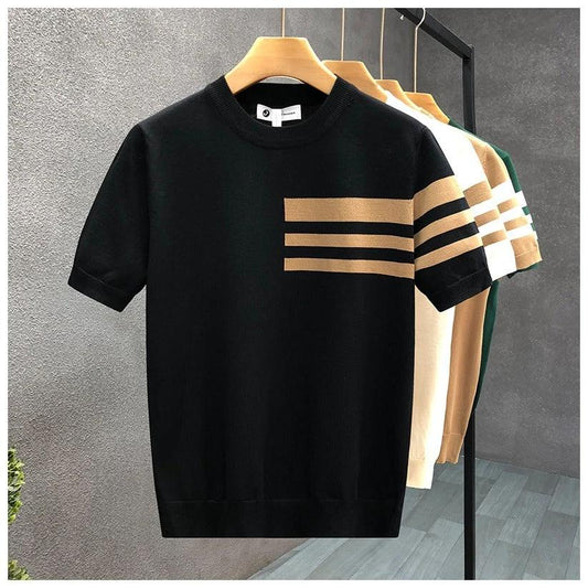 Trendy All-match Round Neck Knitted Short Sleeve Contrast Color Thin T-shirt by GJG Denim