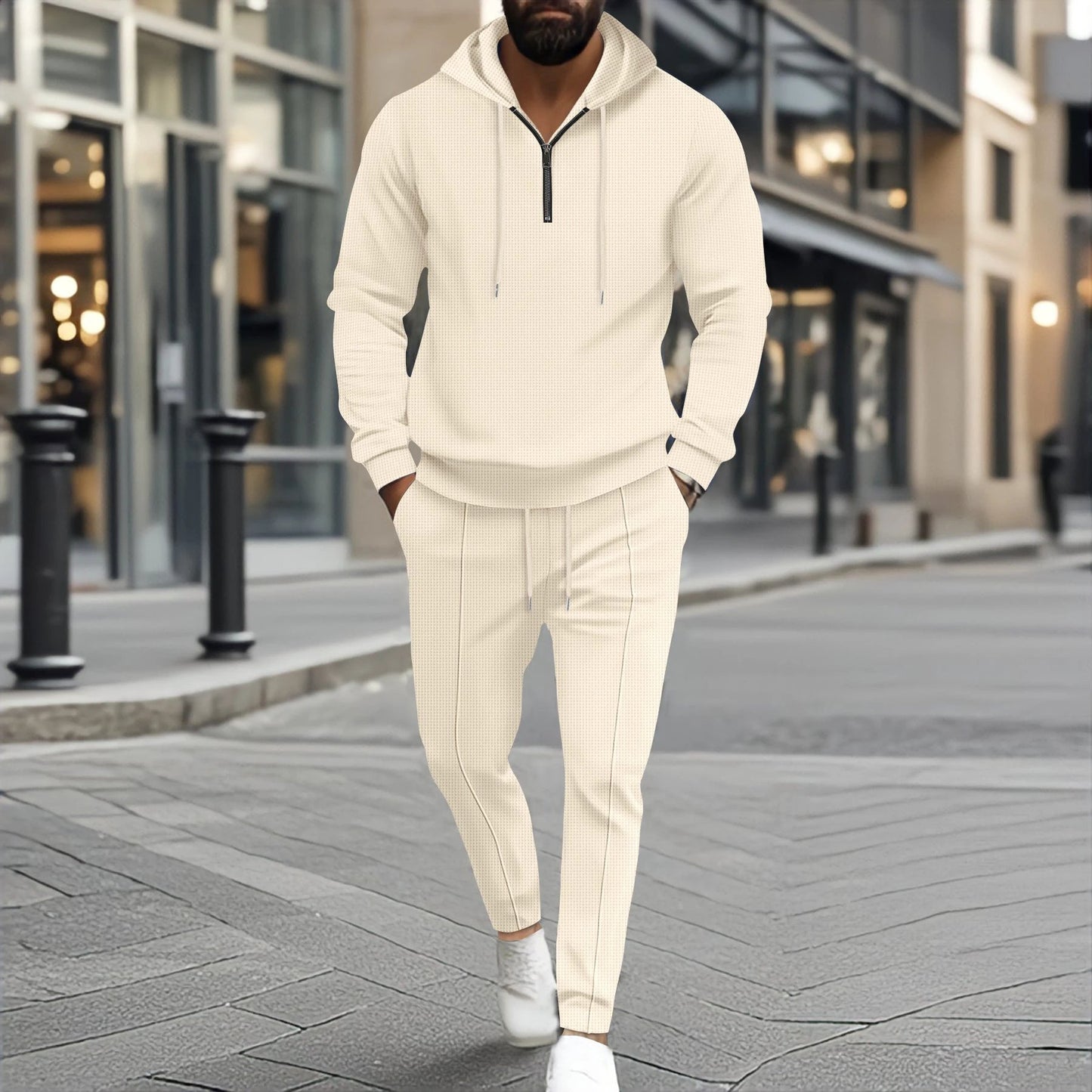 Waffle Hooded Small Zipper Casual Long Sleeve Pants Two-piece Suit by GJG Denim