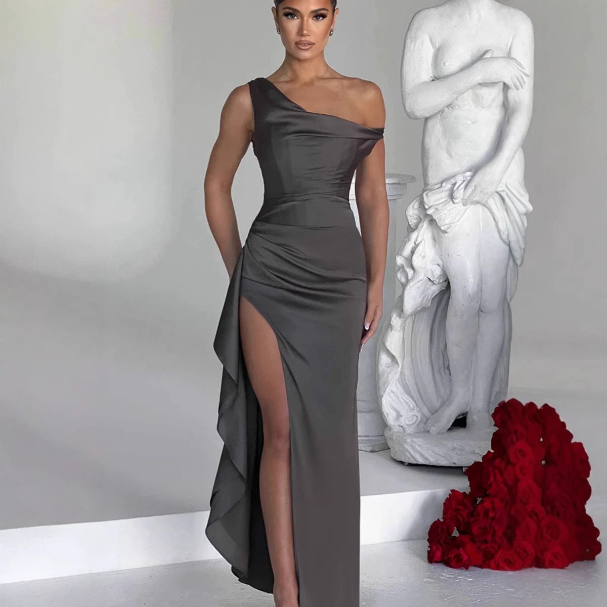 Women's Slant Shoulder Satin Waist sinching Long Dress by GJG Denim