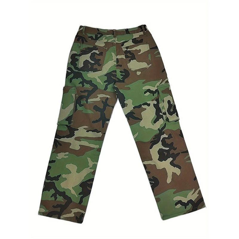 Plus Size Camouflage Jeans High Waist Multi-pocket Straight-leg Pants by GJG Denim