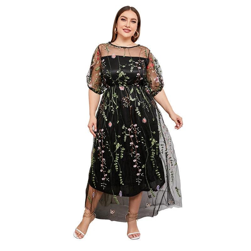 Plus Size French Hepburn Dress Women Mesh Embroidered Banquet Party Maxi Dress by Lady Ros