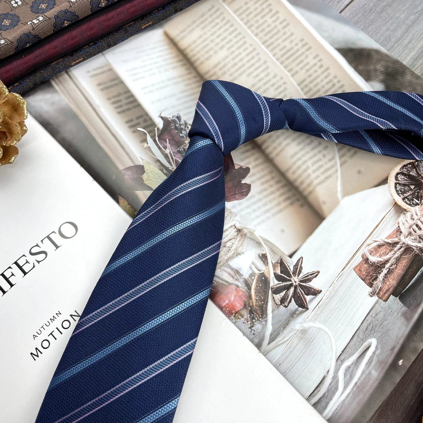 Men's Ties Retro Coffee Color Orange Red Striped Tie Hand Hit 8CM by GJG Denim