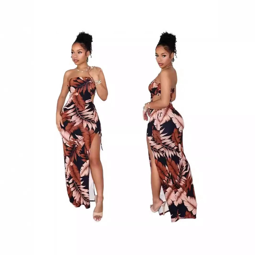 Strapless Flower Print High Slit Long Dress by GJG Denim