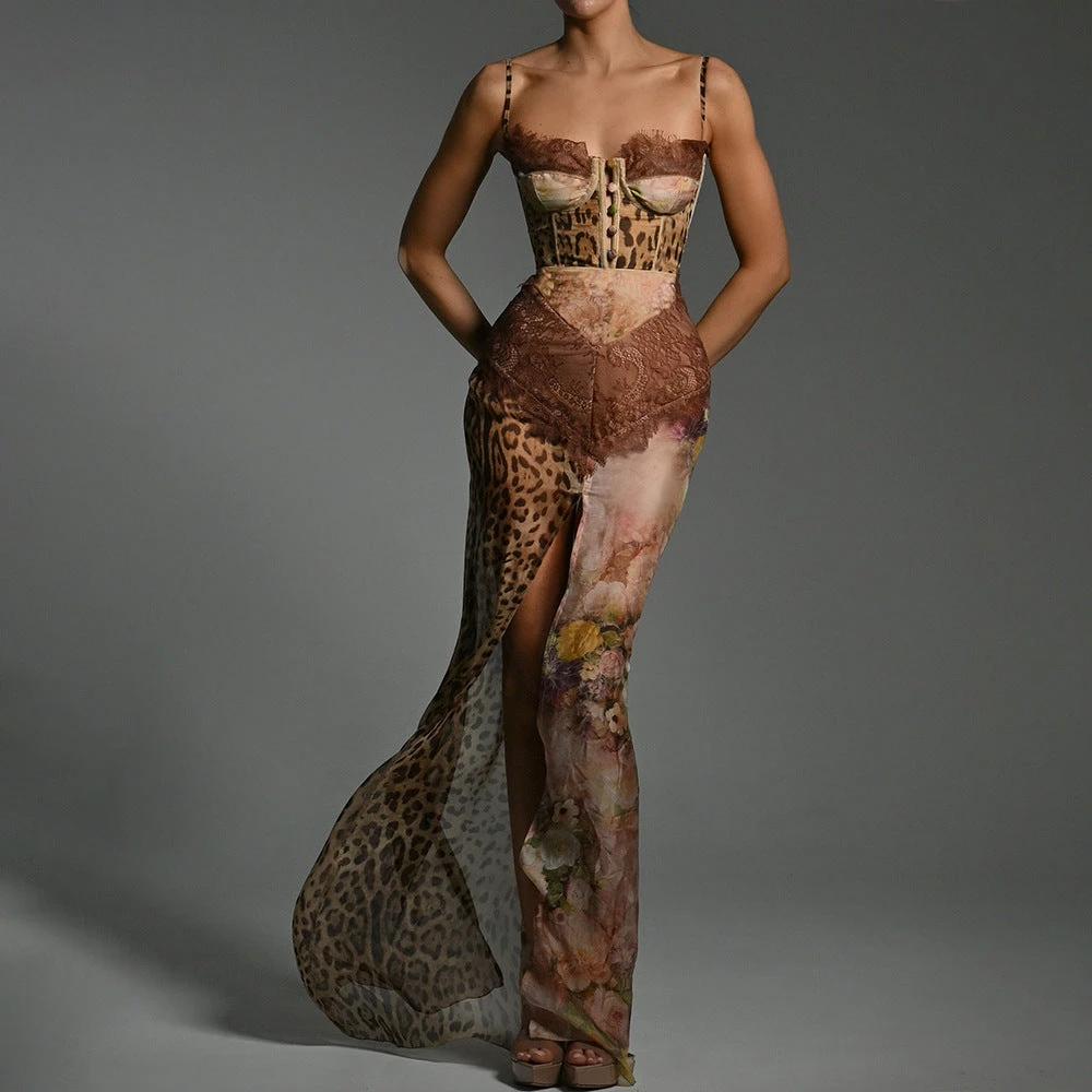 Corset Spaghetti-strap Floral Animal Print Patchwork Long Dress by GJG Denim