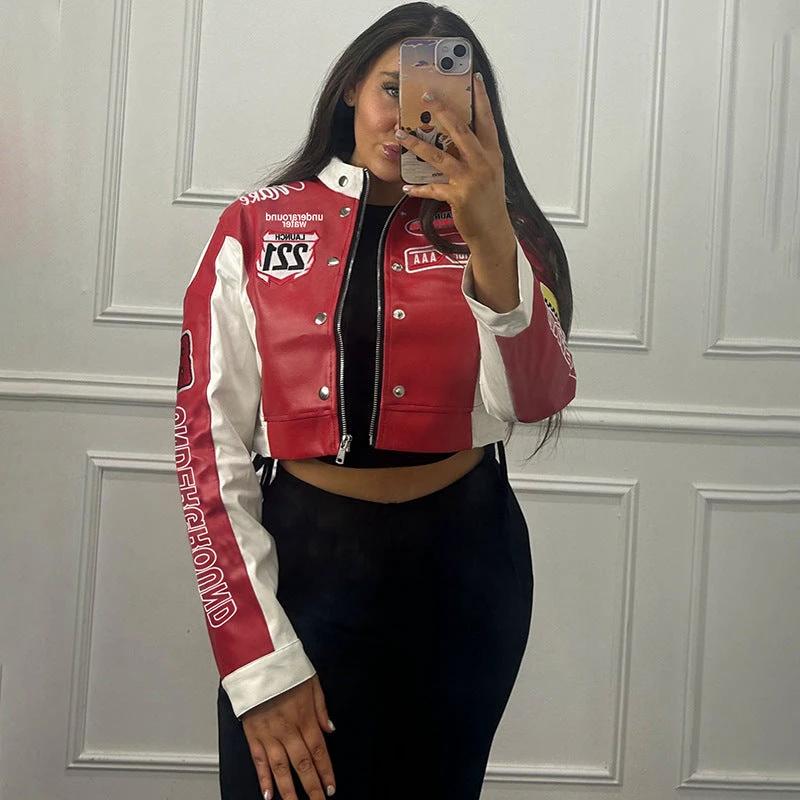 Women's Cropped Printed Long Sleeve Baseball Uniform Coat by GJG Denim