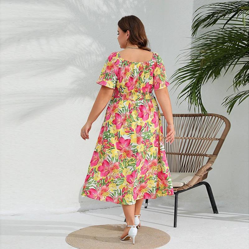 Plus Size Western off Neck Dress Elegant Floral Midi Dress Tight Waist Dress by Lady Ros